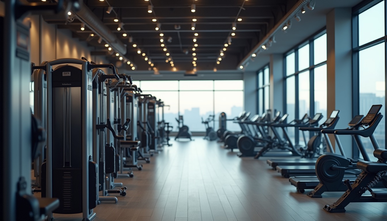Wide angle view of a modern gym interior with various exercise machines